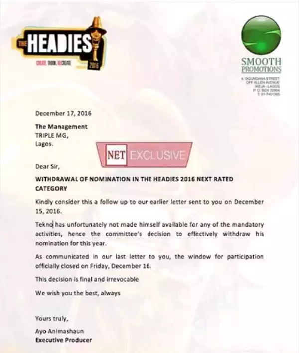 Tekno Got Disqualified from 2016 Headies Next Rated award